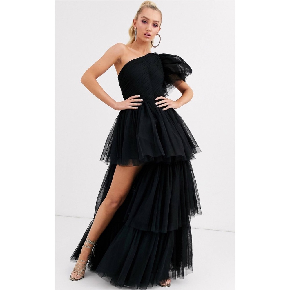 Lace & Beads One Shoulder Tulle Maxi Dress with Thigh Split in Black